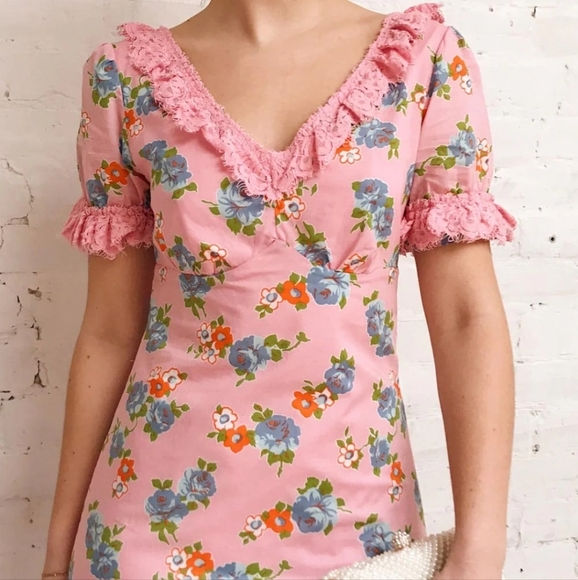 Lili Sidono Molly Bracken Floral Maxi Dress Lace Trim Pink Size Large - Picture 3 of 16